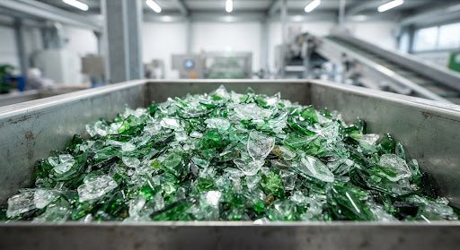 A macro shot of crushed green and clear glass ready for recycling, glowing softly under bright, clean light. The texture is sharp and detailed, emphasizing the physical reality of the materials. The color palette is composed of varying shades of industrial greens and whites. The overall aesthetic is highly technical, precise, and professional, reflecting high-quality environmental management.